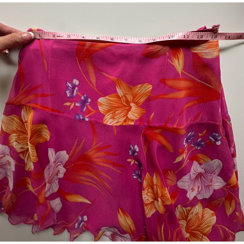 Cache Silk Floral Asymmetrical Mini Skirt Pink Orange Tropical Y2K Lined Size 6 - Picture 3 of 9
